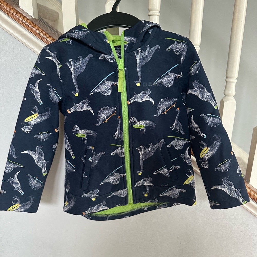 Boys navy soft shell dinosaur jacket.